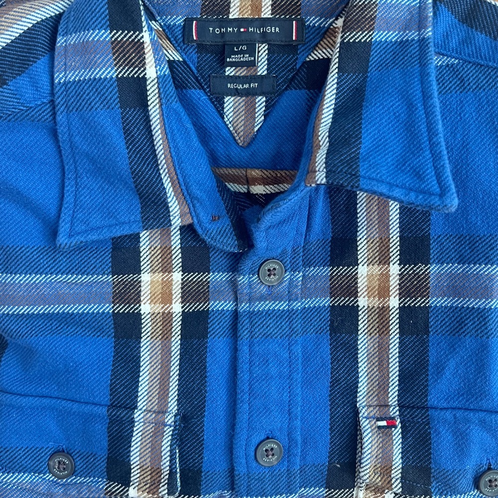 Tommy Hilfiger Plaid Shirt L Men Heavy Cotton Button Down Blue Preppy Classic